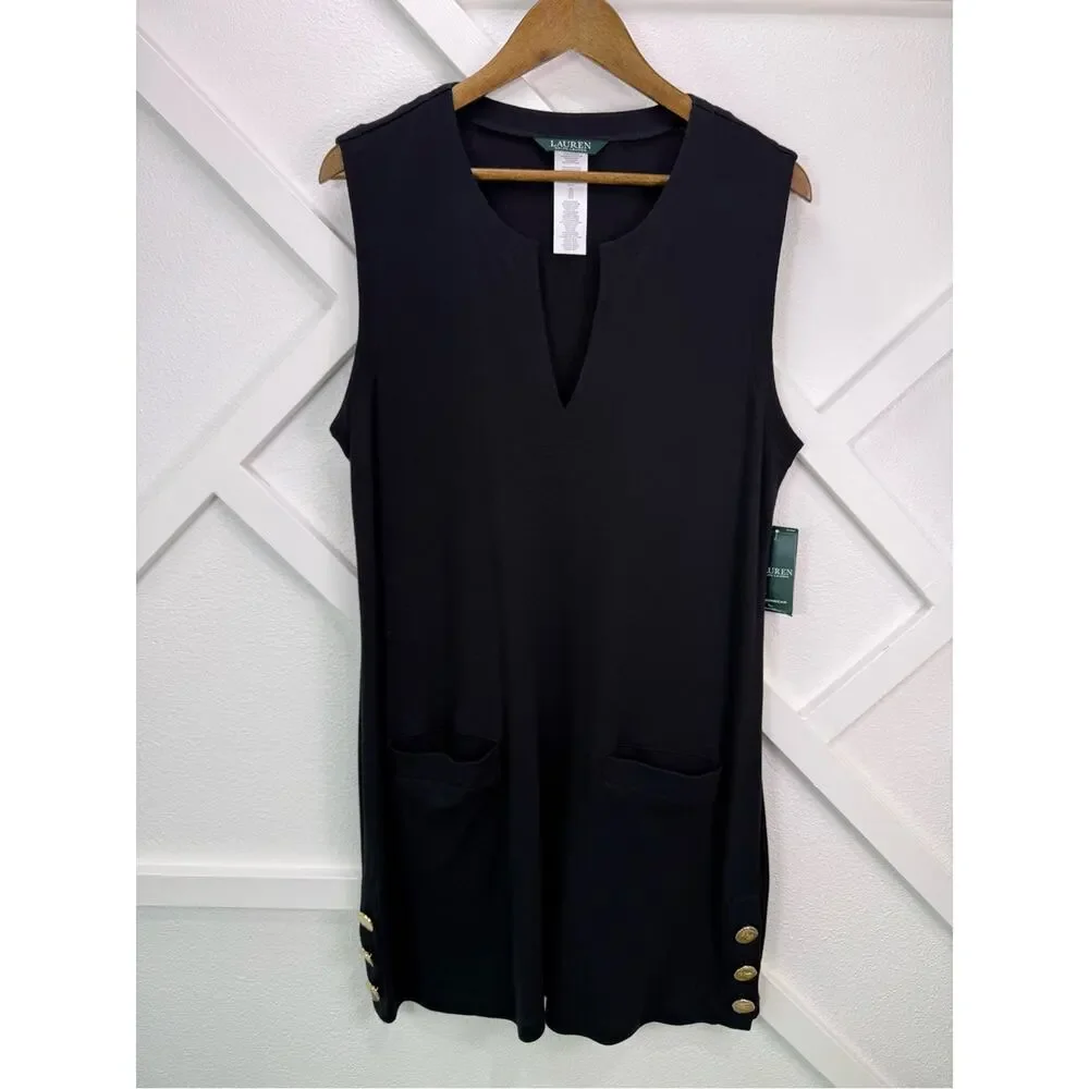 NWT Lauren Ralph Lauren Black Tunic Swim Cover Up Mini Dress Gold Buttons Large